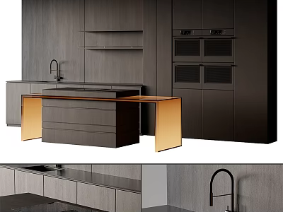 Contemporary Dark Wood Kitchen With Gold Accent Island And Built In Ovens 3d model