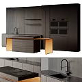 Contemporary Dark Wood Kitchen With Gold Accent Island And Built In Ovens