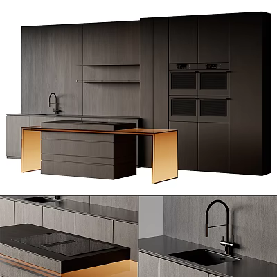Contemporary Dark Wood Kitchen With Gold Accent Island And Built In Ovens 3d model