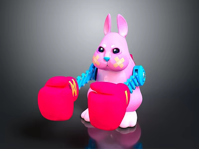 Cute Pink Rabbit Toy Figure With Blue Robot Arms And Red Boxing Gloves 3d model