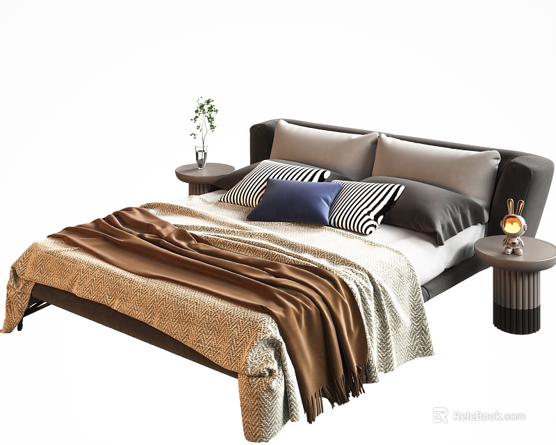 Modern Double Bed With Gray Blue Pillows Brown Blanket Side Tables Lamp And Potted Plant 3d model 