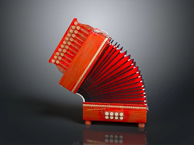 Red Accordion Musical Instrument With Wooden Body Bellows And Keys 3d model