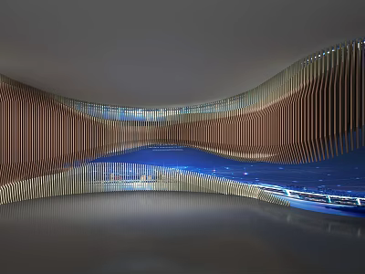 Wavy Brown Wooden Strip Background Wall With Blue Illumination And Modern Decorative Design 3d model