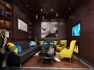 Modern KTV Interior With Black Leather Sofa Yellow Chairs And Large TV Screen 3d model