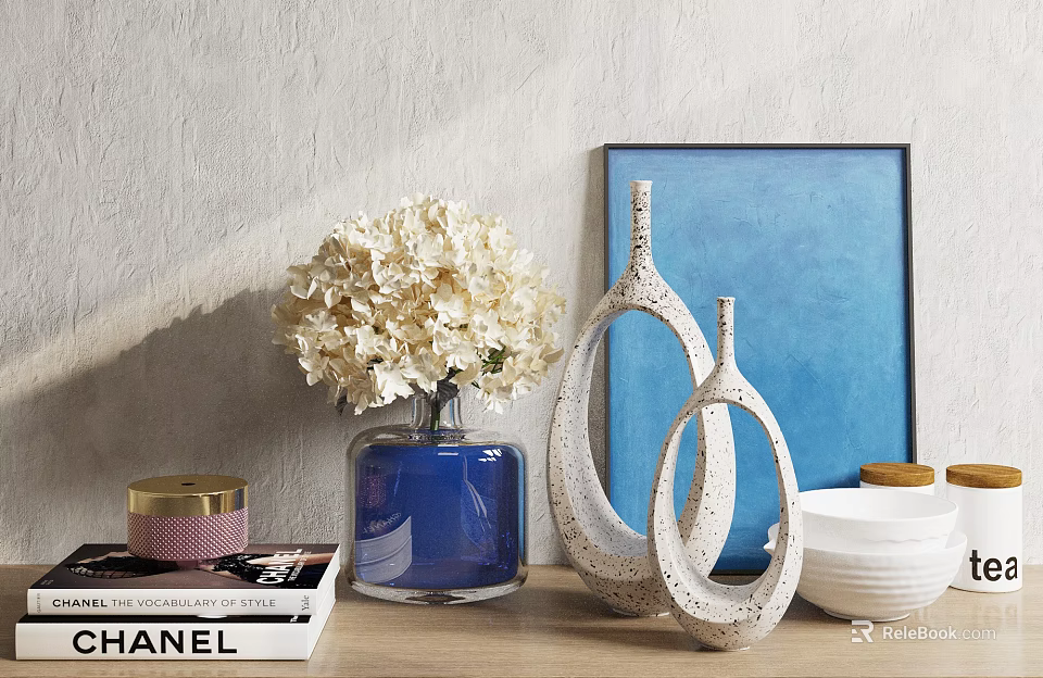 Modern Decorative Ornaments Set with White Hydrangea Blue Vase Hollow Sculptures Art and Bowls 3d model 