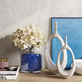 Modern Decorative Ornaments Set with White Hydrangea Blue Vase Hollow Sculptures Art and Bowls