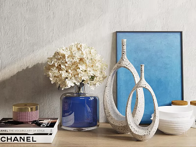 Modern Decorative Ornaments Set with White Hydrangea Blue Vase Hollow Sculptures Art and Bowls 3d model