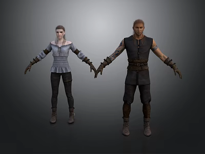 Medieval Male Character Wearing Leather Vest with Female Companion Standing in 3D Render 3d model