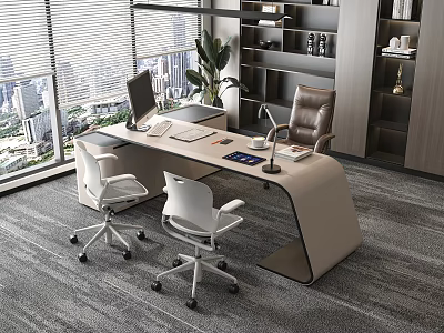 Modern Office Desk And Chair Set With Large Window City View Bookshelf And Green Plant 3d model