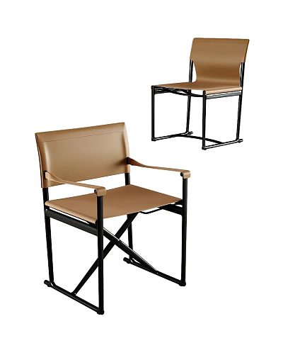 Modern Brown Leather Dining Chairs With Black Metal Frame And Armrests 3d model