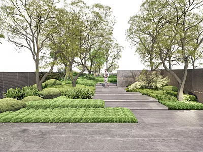 Serene Landscape Wall Design With Lush Trees Trimmed Shrubs And Stone Pathway 3d model