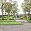 Serene Landscape Wall Design With Lush Trees Trimmed Shrubs And Stone Pathway