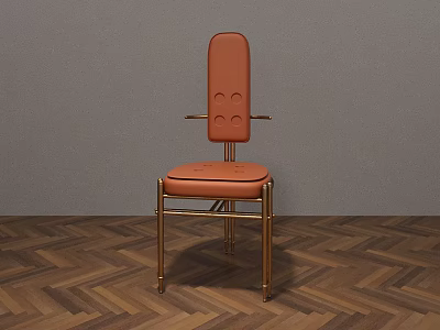 Modern Leather Dining Chair With Brass Legs Button Tufted Back On Herringbone Wooden Floor 3d model