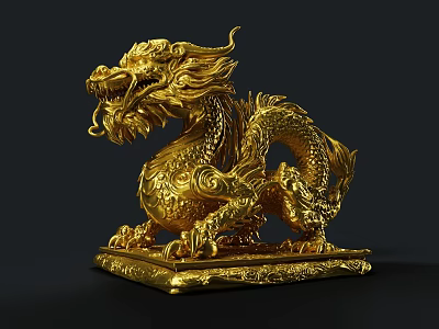 Golden Dragon Shaped Decorative Ornament With Intricate Carvings And Square Base 3d model