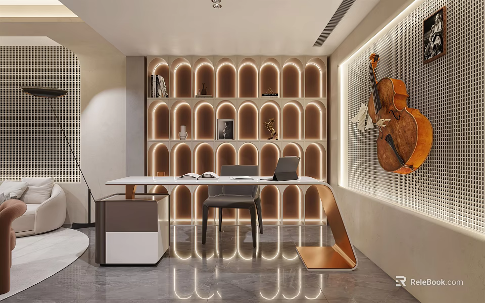 Modern Study Room Interior With Illuminated Shelves Desk Chair And Violin Decor 3d model 