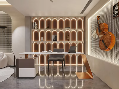 Modern Study Room Interior With Illuminated Shelves Desk Chair And Violin Decor 3d model