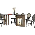 Modern Dining Table Set With Rectangular Dark Top Gold Legs And Woven Back Chairs 3d model