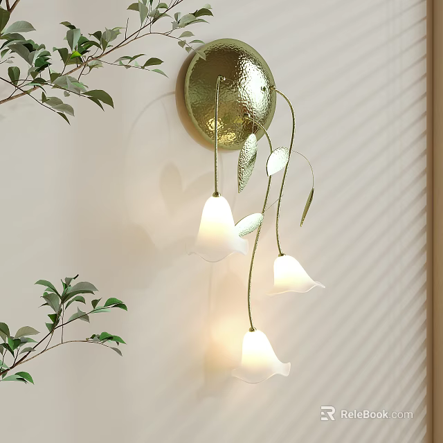 Golden Wall Lamp with Three White Bell Shaped Shades Green Leaf Decorations and Soft Lighting 3d model 