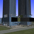 Modern High Rise Office Building with Glass Curtain Wall Commercial Space and Landscaping