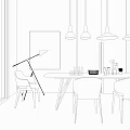 Modern Dining Table Set With Marble Top Grey Beige Chairs And Pendant Lights 3d model
