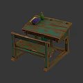 Wooden Table And Bench Set Featuring Green Wood Grain With Blue Box And Green Bottle