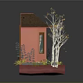 Plants Surrounding Small Wooden Cabin With Green Windows And Potted Flowers