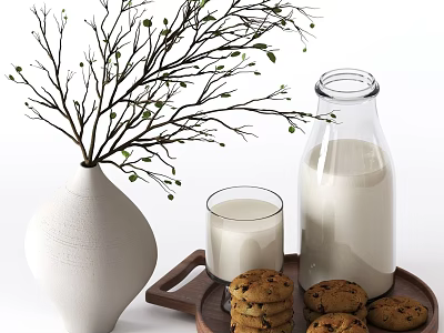 Cookies And Milk With Vase Decoration 3d model