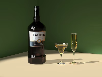 Teachers Whisky Bottle With Martini And Champagne Glasses On Beige Table Against Green Background 3d model