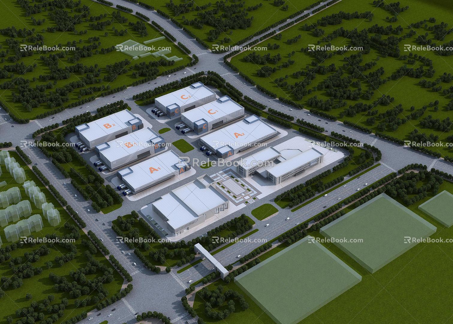 Bird's-eye view of modern factory building 3d model