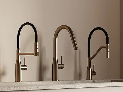Three Modern Brushed Brass Faucets With Black Curved Spouts On Light Countertop 3d model