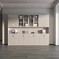 Modern Beige Console Side Cabinet With Storage Shelves Drawers And Green Plant