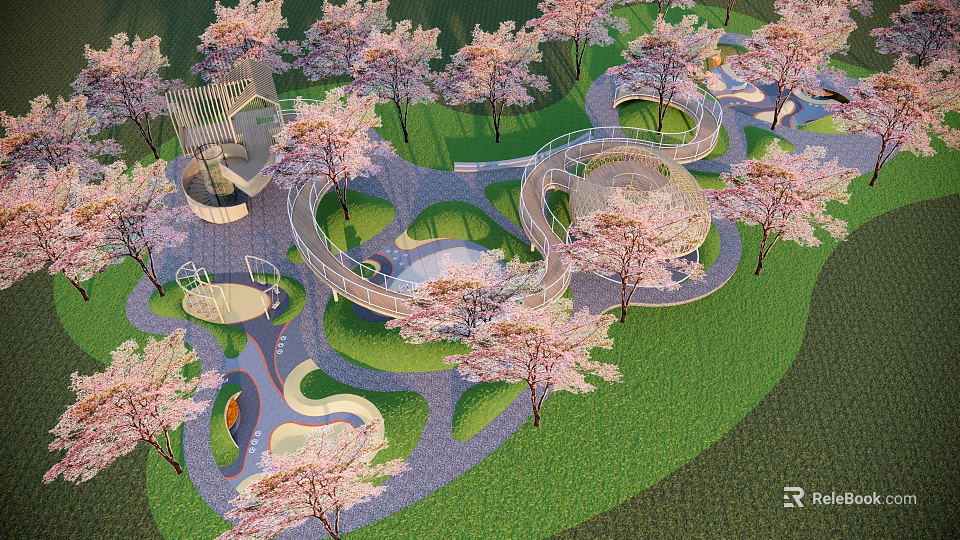 Children's Play Area With Cherry Blossom Trees Green Lawns Curved Pathways And Play Structures 3d model 
