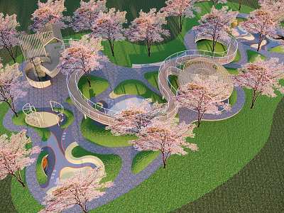Children's Play Area With Cherry Blossom Trees Green Lawns Curved Pathways And Play Structures 3d model
