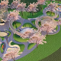Children's Play Area With Cherry Blossom Trees Green Lawns Curved Pathways And Play Structures