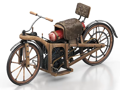 Vintage Wooden Frame Motorcycle With Leather Seat And Classic Mechanical Parts 3d model