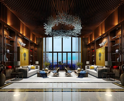 Hotel Public Lounge Area With Wooden Ceiling Large Windows Crystal Chandelier And Comfortable Sofas 3d model
