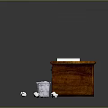 Scene With Brick Wall Wooden Desk Papers Pen Trash Can Paper Balls And Blue Carpet
