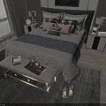Modern Double Bed With Gray Bedding Plaid Pillows Pink Cushions Bedside Lamps And Window Curtains