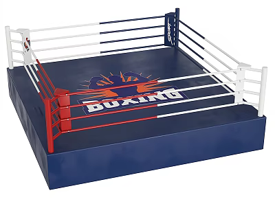 Professional Boxing Ring Sports Equipment With Blue Platform White Ropes Red Corner Posts And Logo 3d model