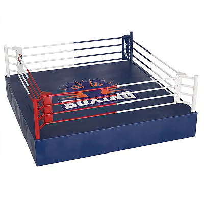 Professional Boxing Ring Sports Equipment With Blue Platform White Ropes Red Corner Posts And Logo 3d model