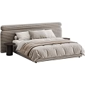 Modern Wabi Sabi Fabric Upholstered Double Bed With Cozy Bedding And Minimalist Round Side Nightstands