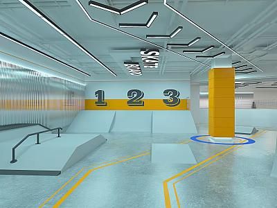 Indoor Fitness Training Space With Numbered Platforms Yellow Columns And Floor Lines 3d model