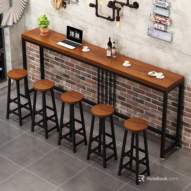 Wooden Bar Counter Featuring Black Metal Frame Stools Laptop Coffee Cups and Green Plant 3d model 