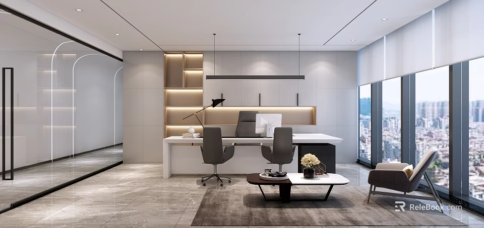 Modern Office Interior Design With Work Desk Office Chairs Shelves And Pendant Lights 3d model 