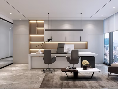 Modern Office Interior Design With Work Desk Office Chairs Shelves And Pendant Lights 3d model