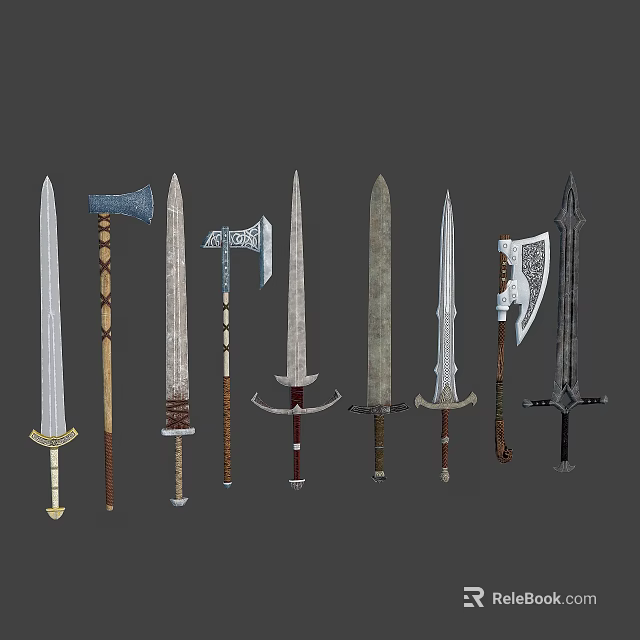 Ancient Weapons Collection Featuring Various Swords And Axes With Intricate Designs 3d model