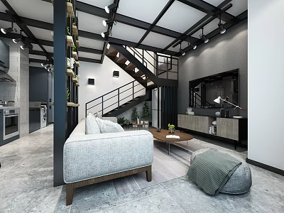 Modern Industrial Living Room Interior With Gray Sofa Coffee Table And Black Metal Staircase 3d model