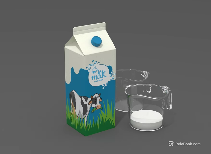 Fresh Milk Carton With Cow Illustration And Green Grass Background Near Glass Cups 3d model 