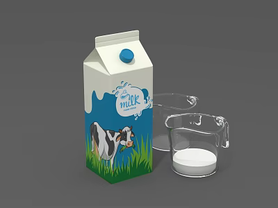 Fresh Milk Carton With Cow Illustration And Green Grass Background Near Glass Cups 3d model