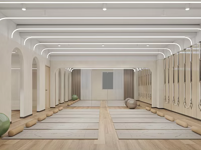 Modern Yoga Studio Interior For Fitness With Yoga Mats Wooden Floors Arched Doors And Lockers 3d model
